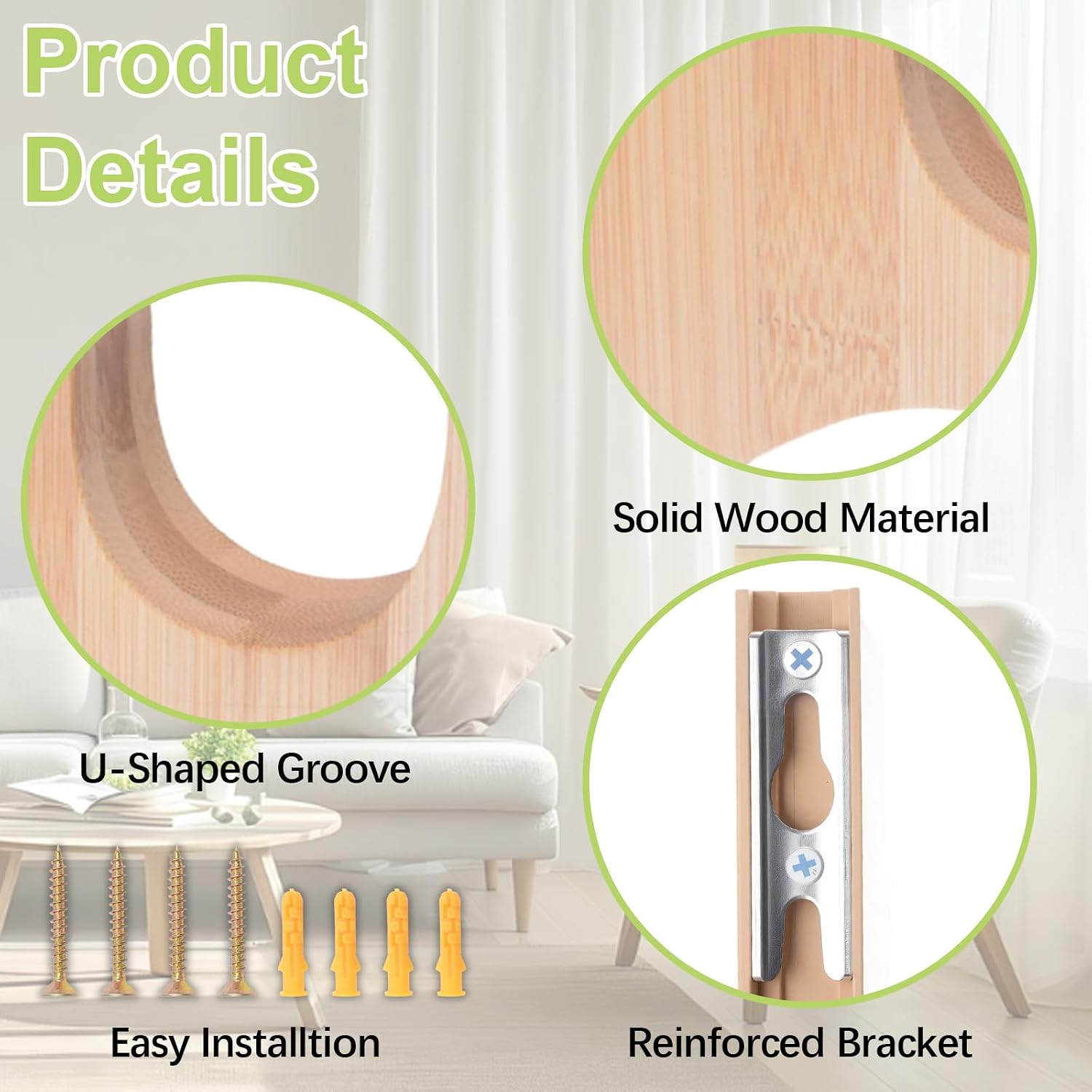 Wooden Curtain Rod Bracket 2Pcs Single Curtain Holder 3-1/2" Return Bracket for 2" Pole Heavy Duty Curtain Rod Supports for Hanging Drapes (Light Wood Color)
