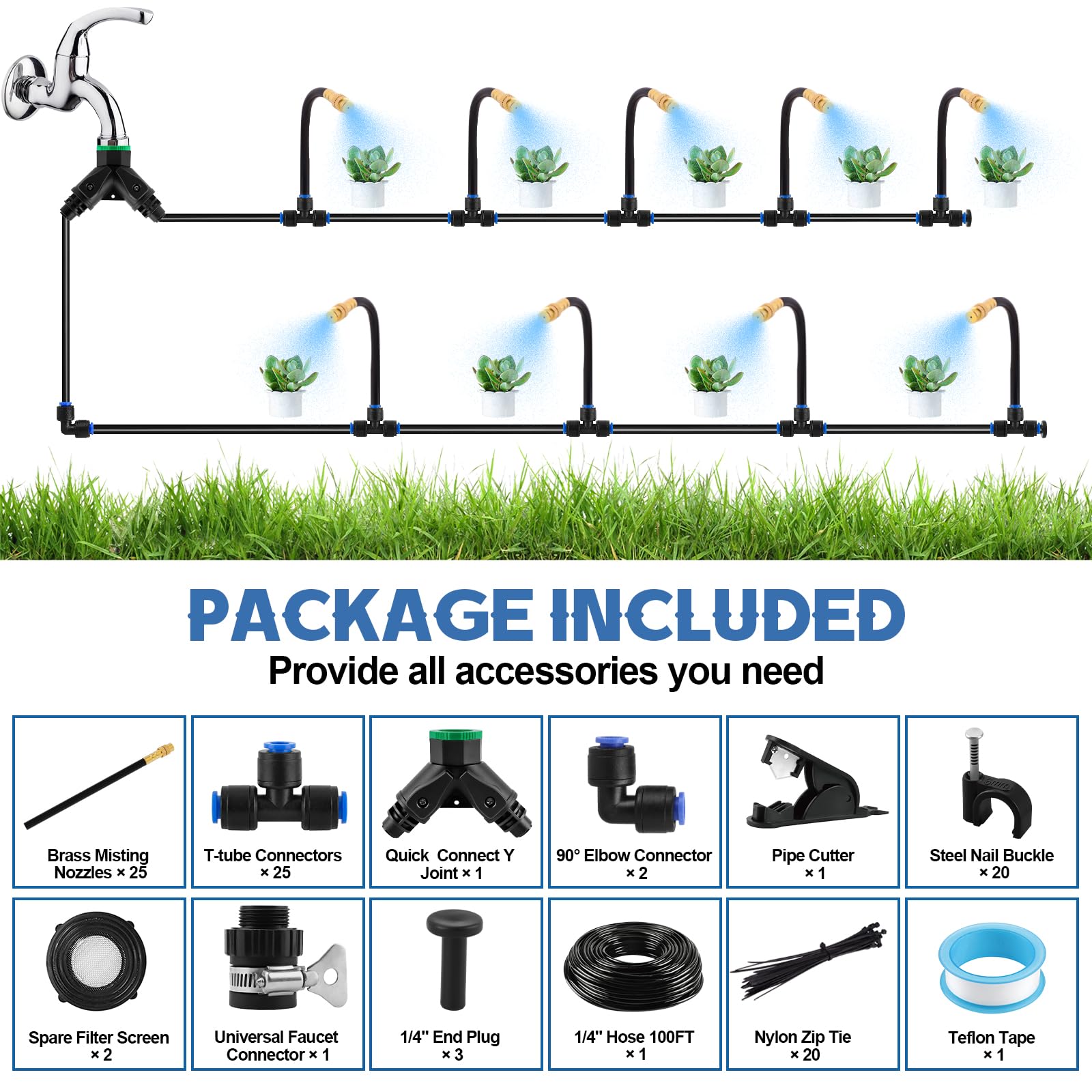 Kalolary Sistema de Nebulización Exterior 100FT para Refrigeración de Terrazas, Kit de Rociadores de Jardín, Filtro Pro y Conectores Universales de Grifo, Enfriamiento Exterior DIY para Verano
