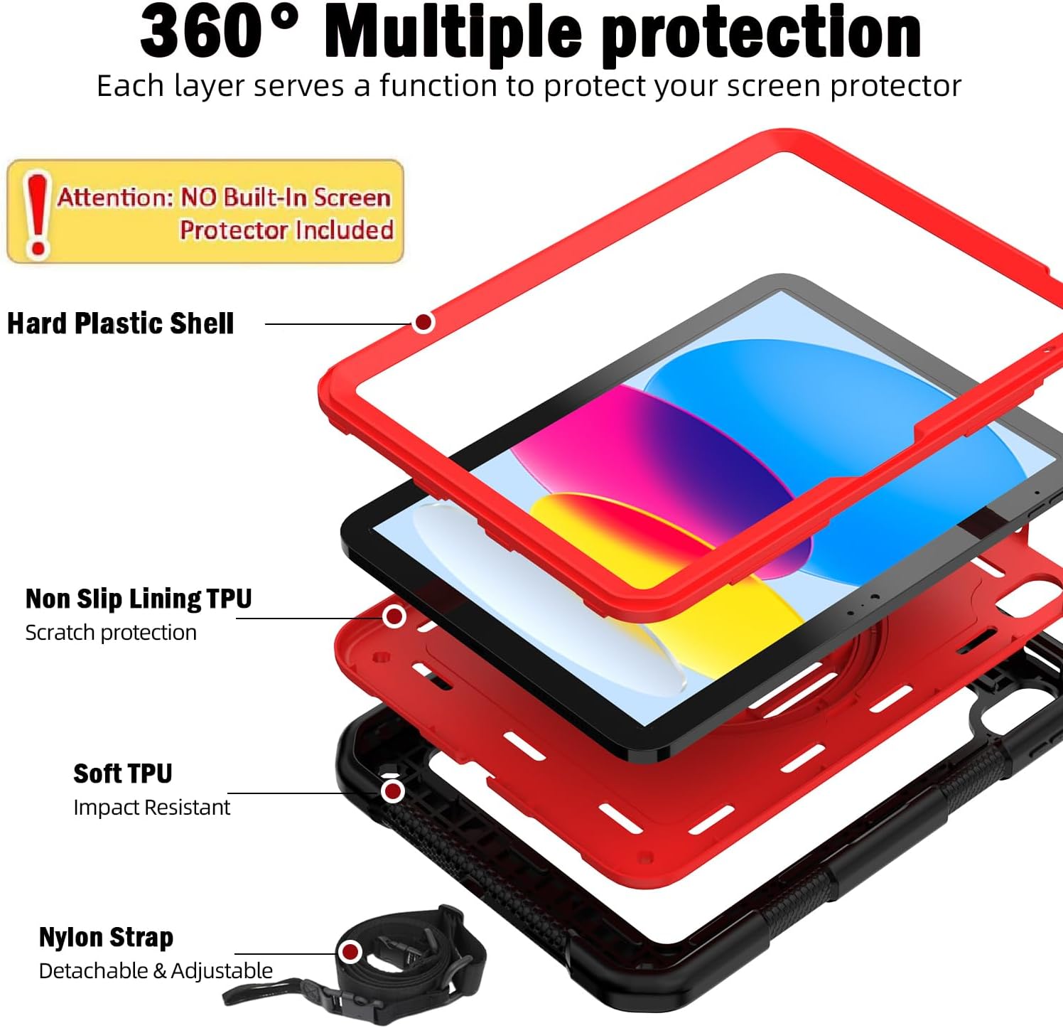 BMOUO Case for iPad (A16) 11th Generation 11" 2025/iPad 10th Generation 10.9 inch 2022, 360 Rotating Stand & Pencil Holder & Hand Shoulder Strap Shockproof iPad 11th/10th Generation Case, Red+Black
