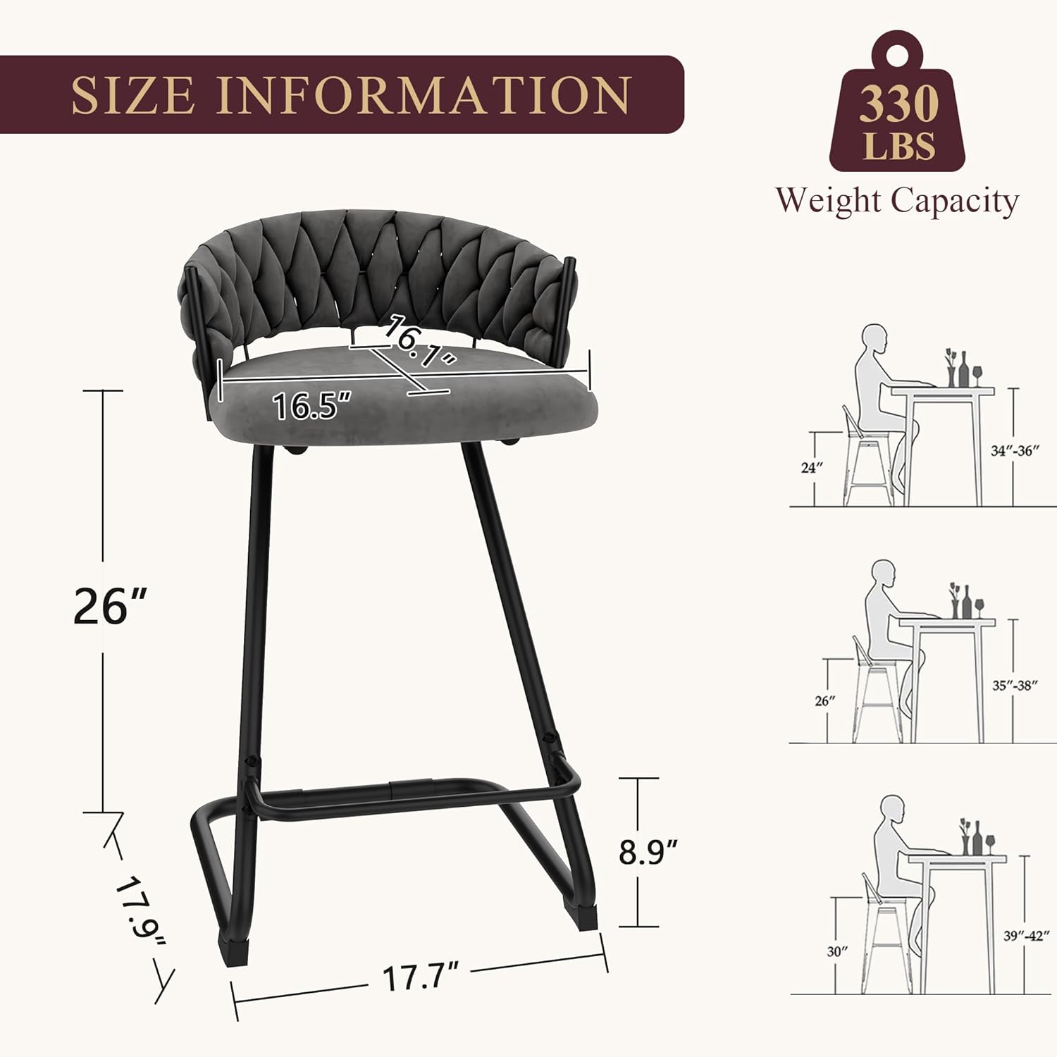 Arlunar Bar Stools 26 inch Velvet Woven Counter Height Barstools Modern Bar Chairs with Velvet Seat for Kitchen Island Dining Room Set of 4，Grey