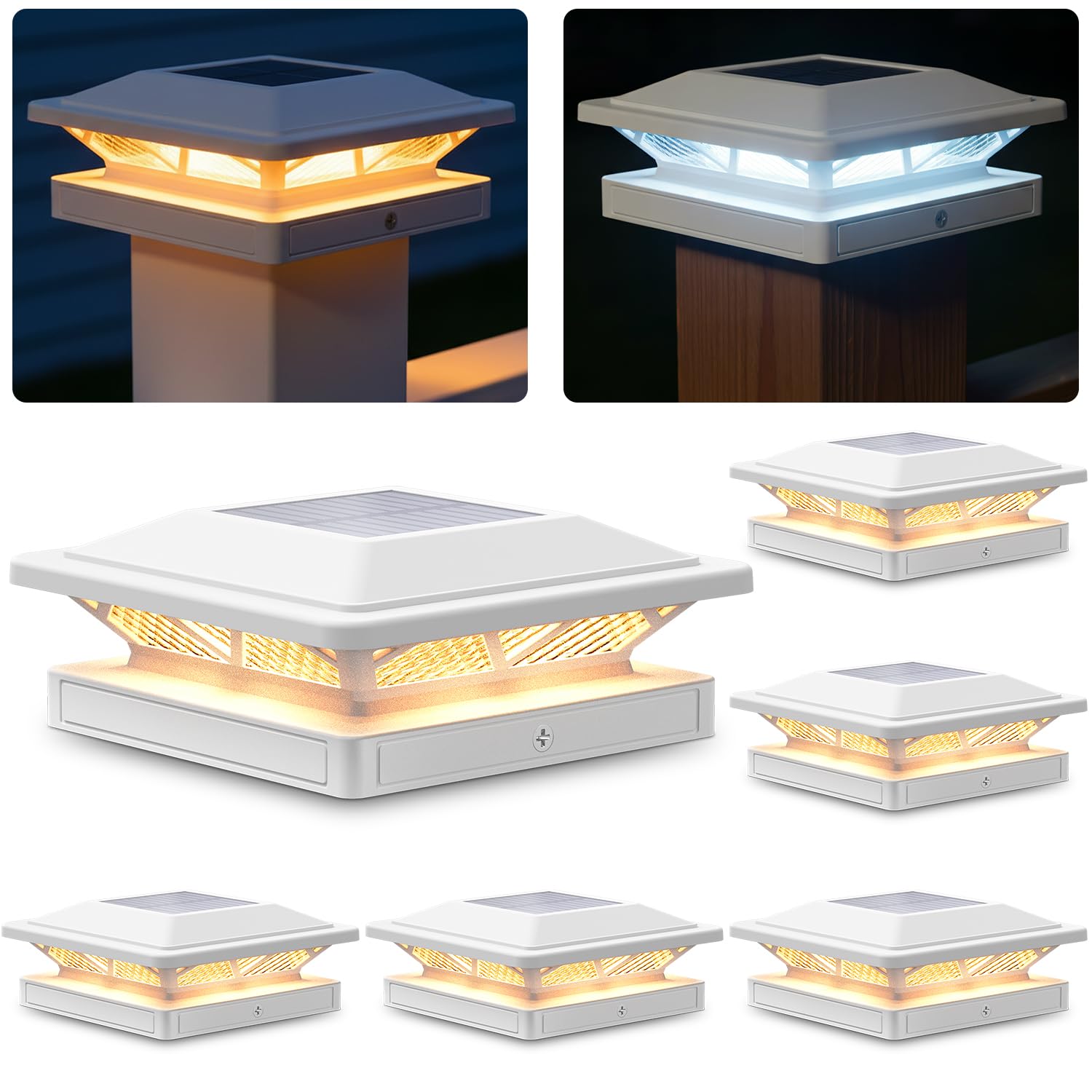SIEDiNLAR Solar Post Cap Lights Outdoor 2 Modes 6 Pack White, (Warm/White)
