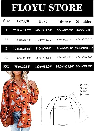 Miniatura 6 de FLOYU Camisa de Halloween para mujer, blusa de manga larga Hocus Pocus, camiseta de calabaza de Halloween, camiseta hawaiana con botones y cuello en
