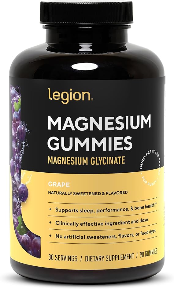 Legion Magnesium Glycinate Supplements - High Absorption Magnesium Supplement For Women & Men - Magnesium Mineral Supplements To Help Boost Athletic Performance - 30 Serving Grape Gummies