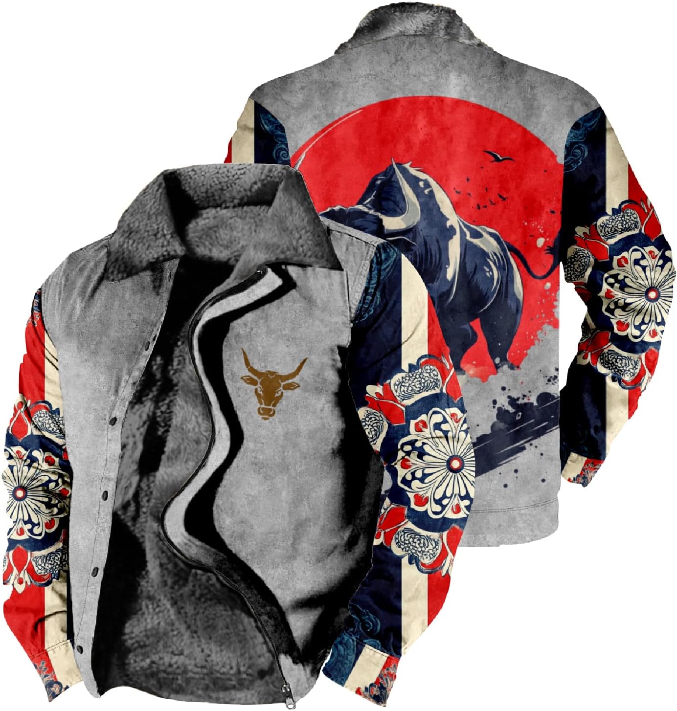 domirica Actec Western Cowboy Jackets for Men Ethnic Print Long Sleeve Zip Up Sherpa Fleece Vintage Winter Outdoor Coat