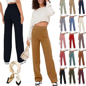 Womens Casual High Waist Stretch Pants, Flexi Pants Multiple Pockets High-Waisted Elastic