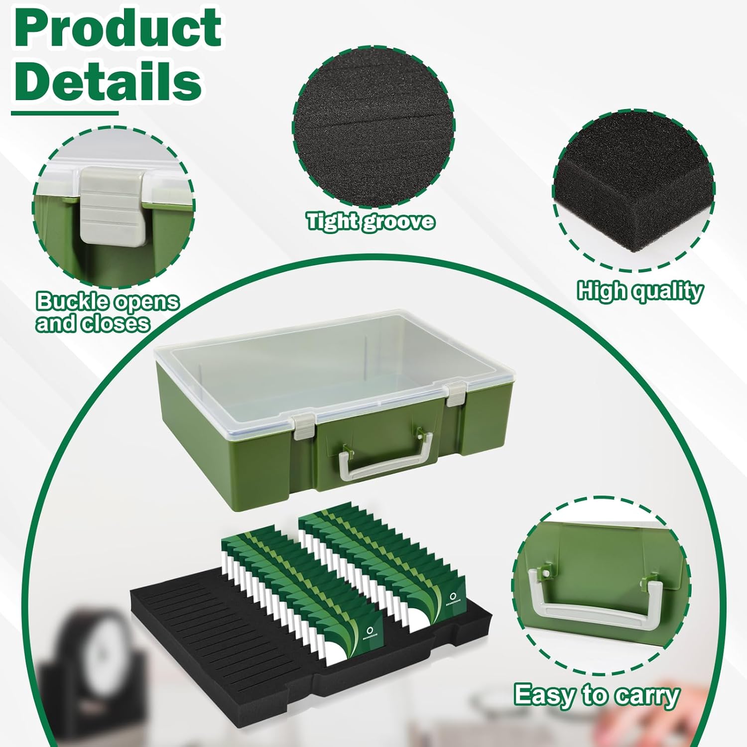 Foam Name Badge Holder with Case (Holds 48 Badges) Tray ID Badge Organizer Clear Tag Holders for Desk Office School (Army Green)