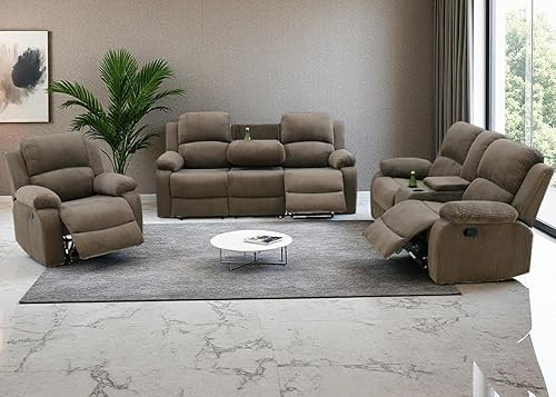 Miniatura 29 de Conjunto de sofá reclinable manual con mesa desplegable, 3 piezas de sofá reclinable de cuero marrón, juegos de muebles para sala de estar, sofá