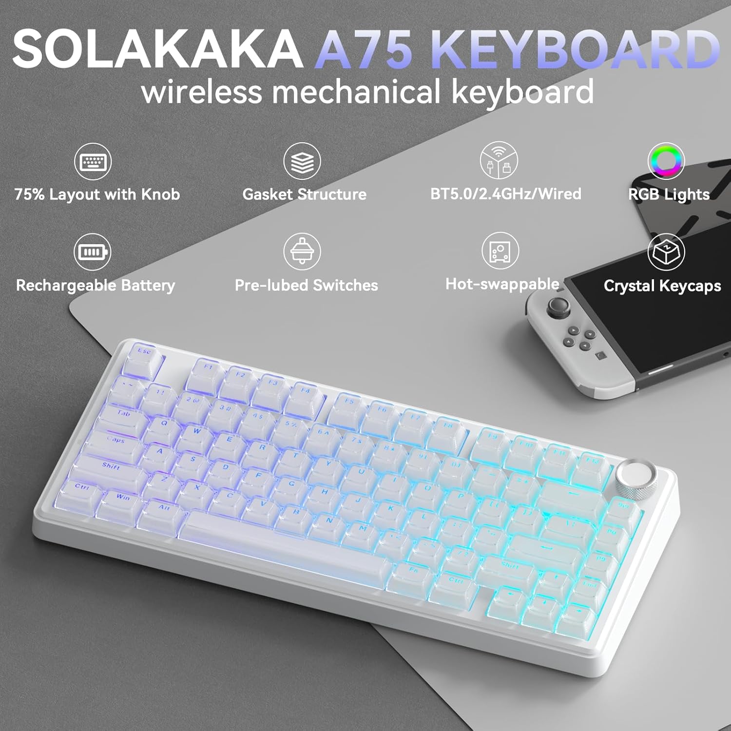 SOLAKAKA A75 Wireless Gaming Keyboard with Multifunction Knob, BT5.0/2.4GHz/USB-C, 75% Mechanical Keyboard, Hot-Swappable, Gasket Creamy Keyboard with RGB Backlit, Crystal Keycaps, for PC/Mac/PC