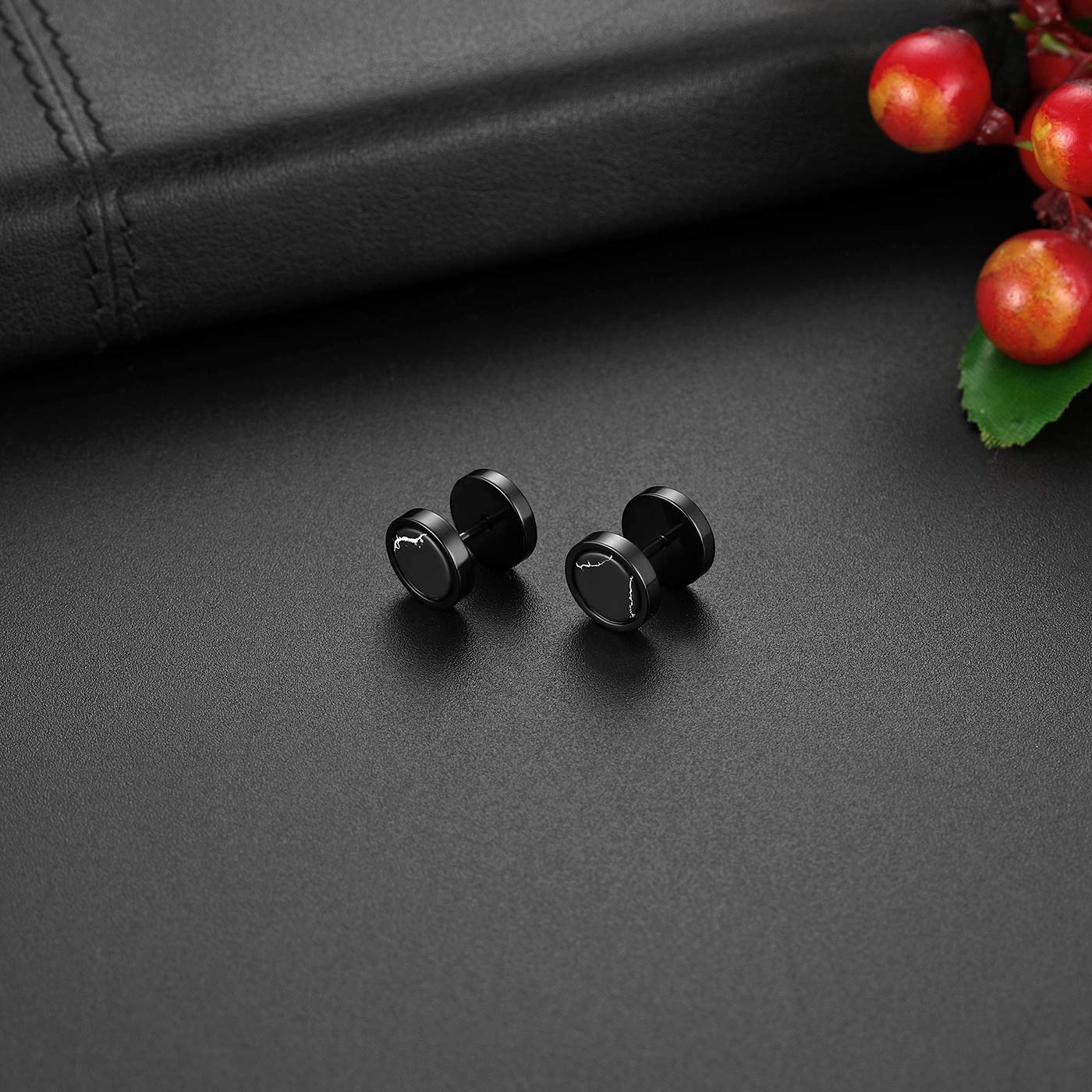 Flongo 10MM Boucles d'Oreilles Dormeuses pour Femme Homme, Clous d'Oreilles Puces Percés Faux Ecarteurs Acier Inox Incrusté Pierre Couleur Noir Brun Vert Blanc Bleu Fantaisie Cadeaux Anniversaire Noël