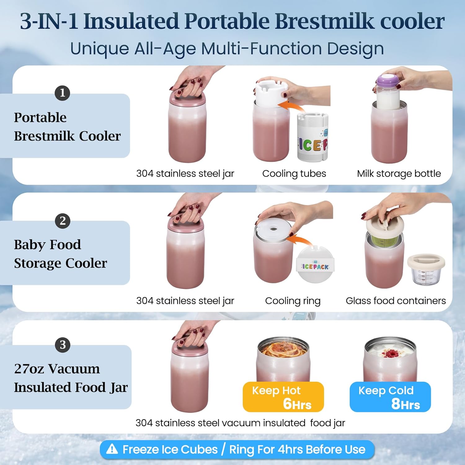 3-in-1 Breast Milk Cooler for 24H 360° Cooling, 11oz Breastmilk Chiller with Bottle & 8oz Baby Food Containers & 27oz Insulated Food Jar, Fits from Baby to Adult for Outdoor, Work & Travel - Berry