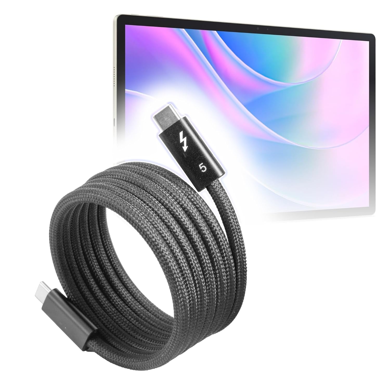 BoxWave Cable Compatible with Acer Iconia A16 - SnapWrap Thunderbolt 5.0 Cable (5ft 240W), Magnetic Self-Coiling Nylon Braided Retractable - Jet Black