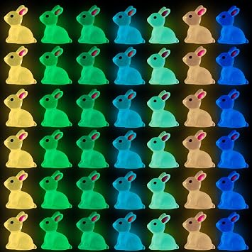 DULEFUN 70pcs Easter Luminous Mini Resin Bunny 7 Colors Little Small Glow in The Dark Rabbit Bunny Figures for Dollhouse Micro Fairy Garden Decor Easter Egg Fillers Party Favors Supplies