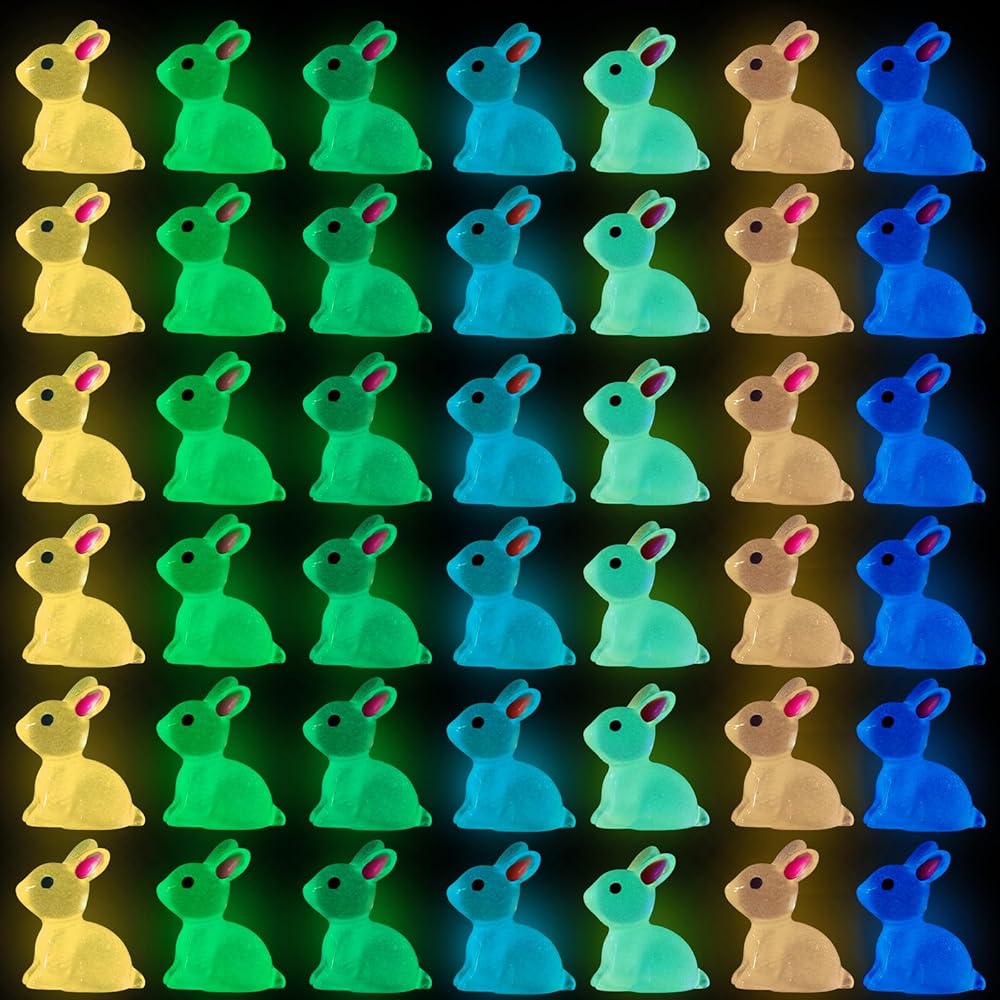 DULEFUN 70pcs Easter Luminous Mini Resin Bunny 7 Colors Little Small Glow in The Dark Rabbit Bunny Figures for Dollhouse Micro Fairy Garden Decor Easter Egg Fillers Party Favors Supplies