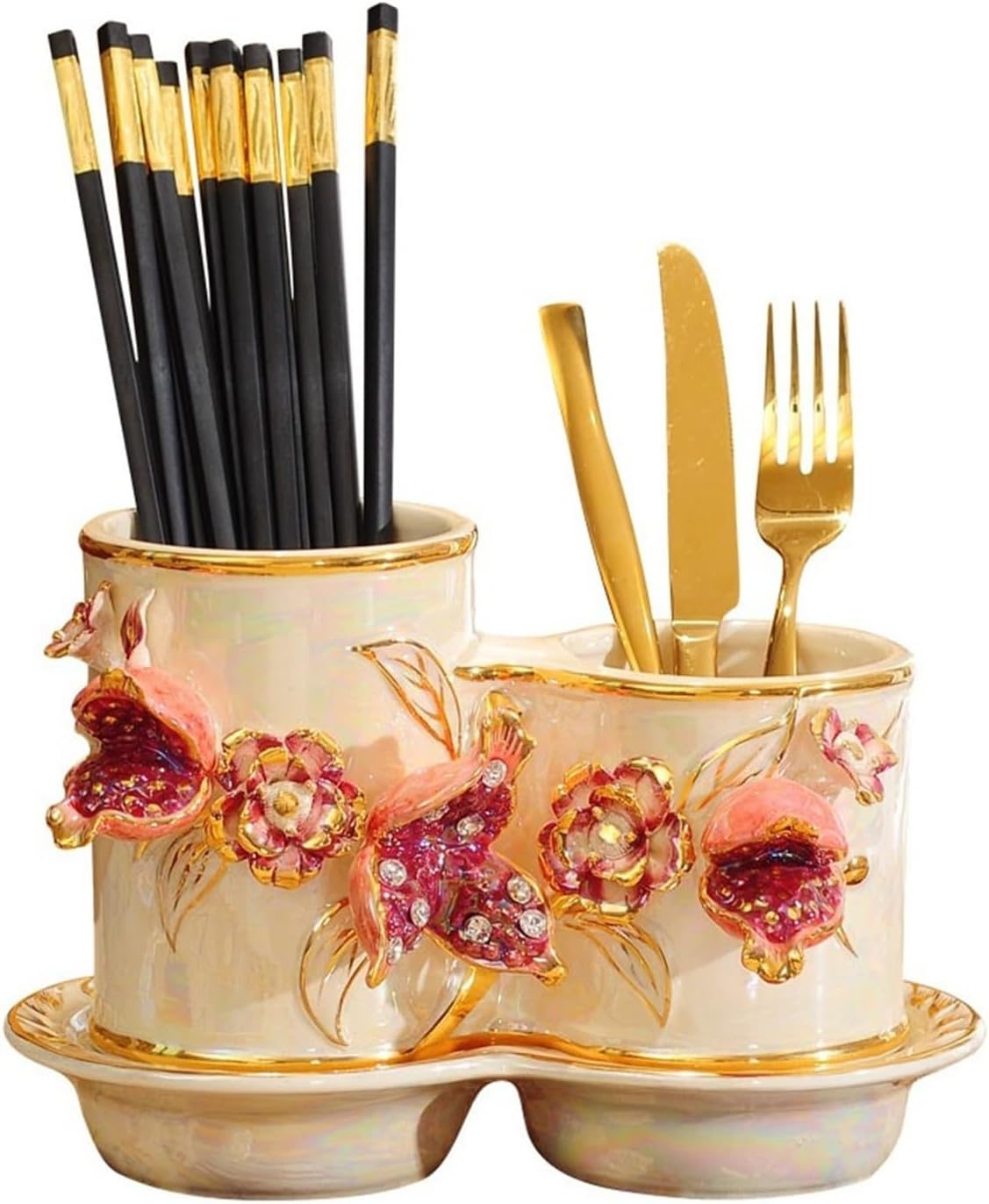 Kitchen Utensil Holder Pomegranate Relief Utensil Caddy for Kitchen Countertop, 2-Compartment Ceramic Utensil Holder, Cutlery Storage Organizer with Drain Tray Cooking Utensil Holder