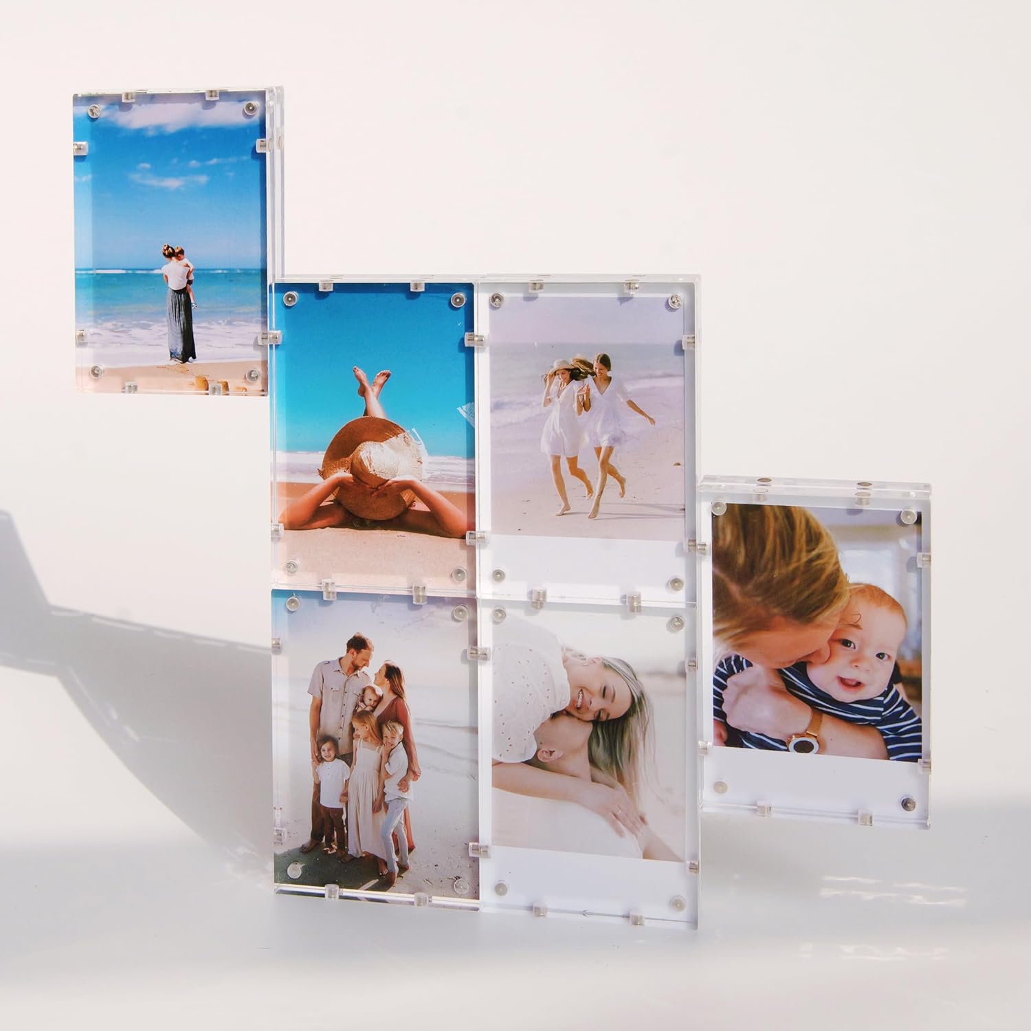 6-Pack Connectable Magnetic Acrylic Photo Frames for Fujifilm Instax Minifilm, 2x3 Film &2.36x3.54 Freestanding Double-Sided Display (Holds 12 Photos), 8mm+8mm Thickness Clear Picture Frame for Polaroid & Kodak Printers