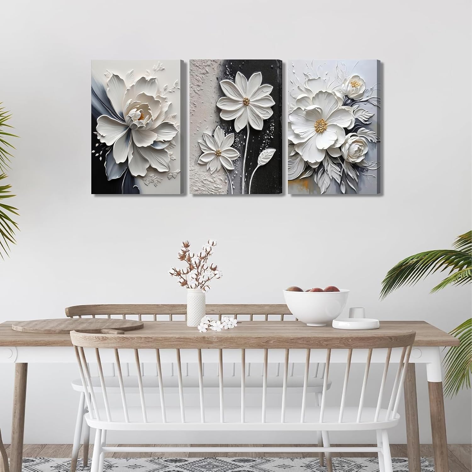 3Pcs Modern Abstract Floral Canvas Wall Art White and Black Flowers Wall Decor Pictures Elegant Daisy Poster Print Paintings for Office Living Room Bedroom Bathroom Home Decoration 12"x16"