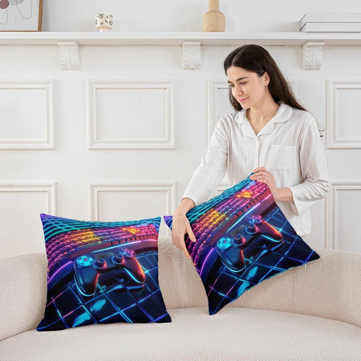 Castle Fairy Gamepad Kids Throw Pillow Cover,Gaming Keyboard Grid Double Sides Pillow Case,Neon Video Games Home Decor,Black Blue Bed Couch Sofa Cushion Cover,2 Pack 16"x16" image 4