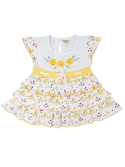 NammaBaby Premium Baby Girls Short Sleeves Frock Dress with Panty Frock, Round Neck Frock with Swing Tie, Rose Print Pattern Frill Frock, Pack of 1, 100% Cotton Frock