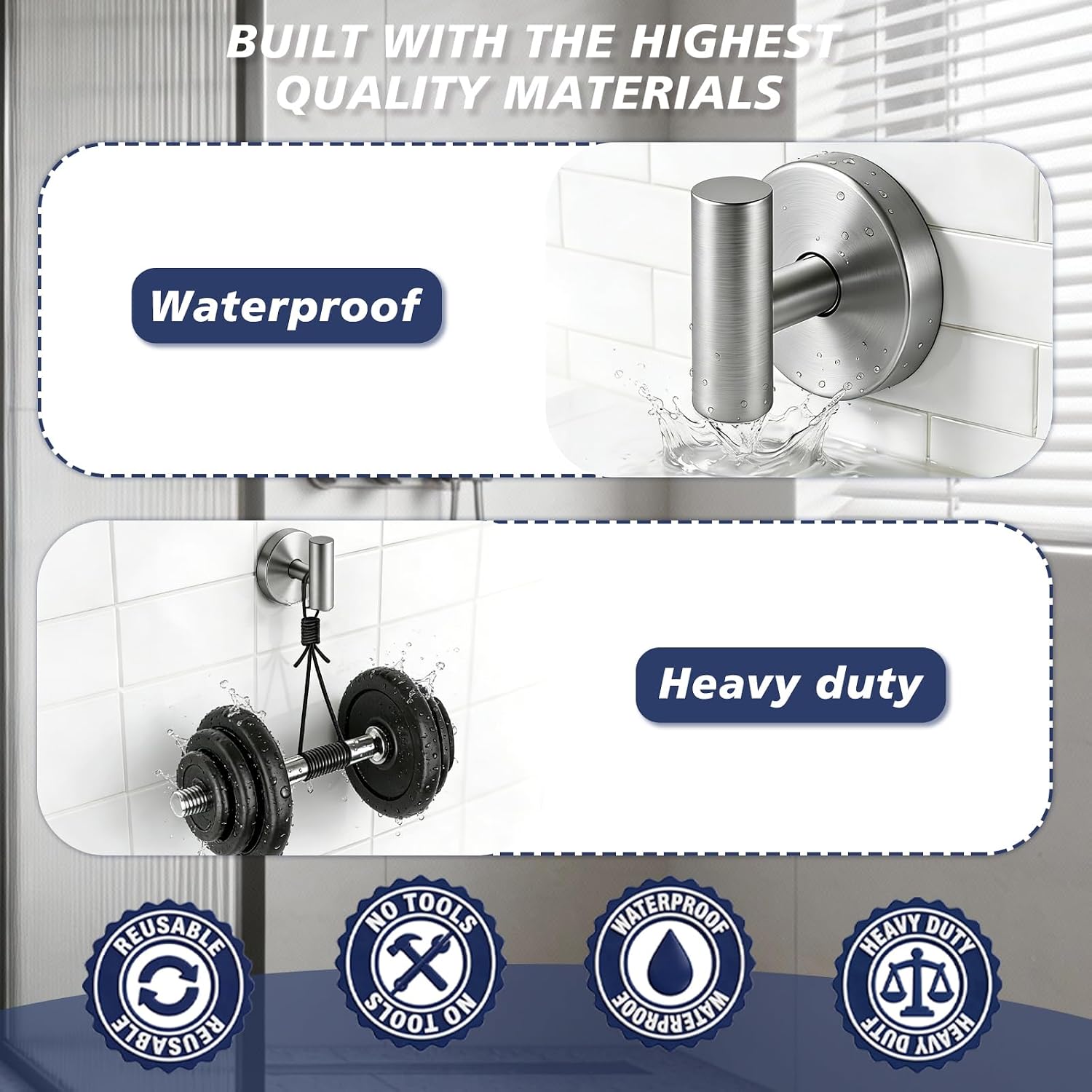 Waterproof No-Drilling Suction Cup Shower Hooks, Brushed Nickel | Strong Vacuum Hold | No Wall Damage | Durable 304 Stainless Steel | Perfect for Bathroom Towel, Robe & Mirror