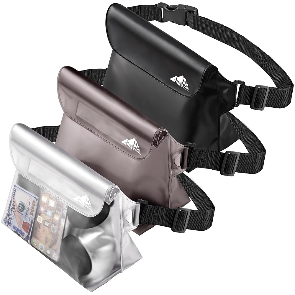HEETA 3-Pack Waterproof Pouch with Waist Strap, Screen Touchable Dry Bag with Adjustable Belt for Phone Valuables for Kayaking Swimming Snorkeling Boating Fishing Surfing Beach (Black, Grey & White)