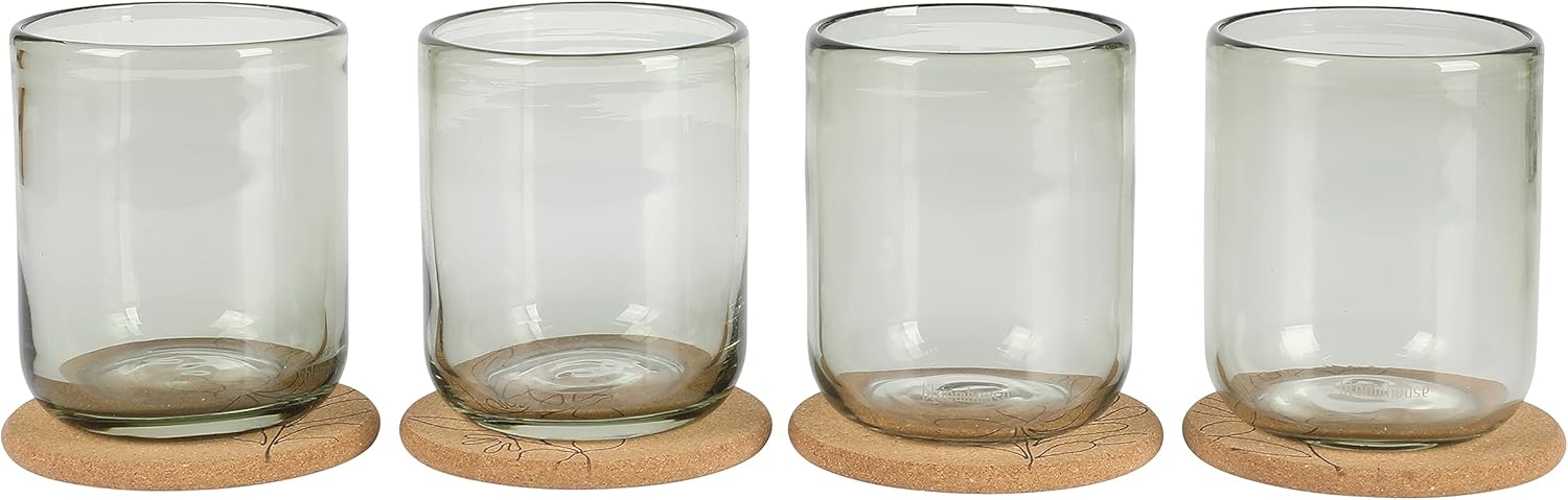 Bloomhouse - Two Time Oprah's Favorite Things Winner - Sayulita Spring 4-Piece 21 oz Jadeite Clear Glass Tumbler Set – Handmade Drinking Glasses with Coasters, Reusable Water & Beverage Cups