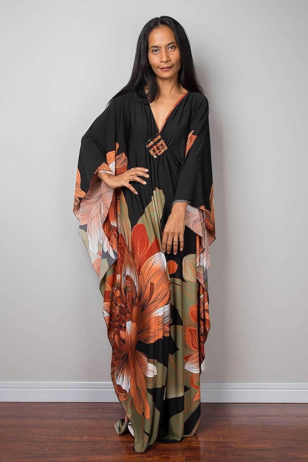 floral Kaftan Dresses for Women Plus size Beach cover up wave neck Batwing sleeve