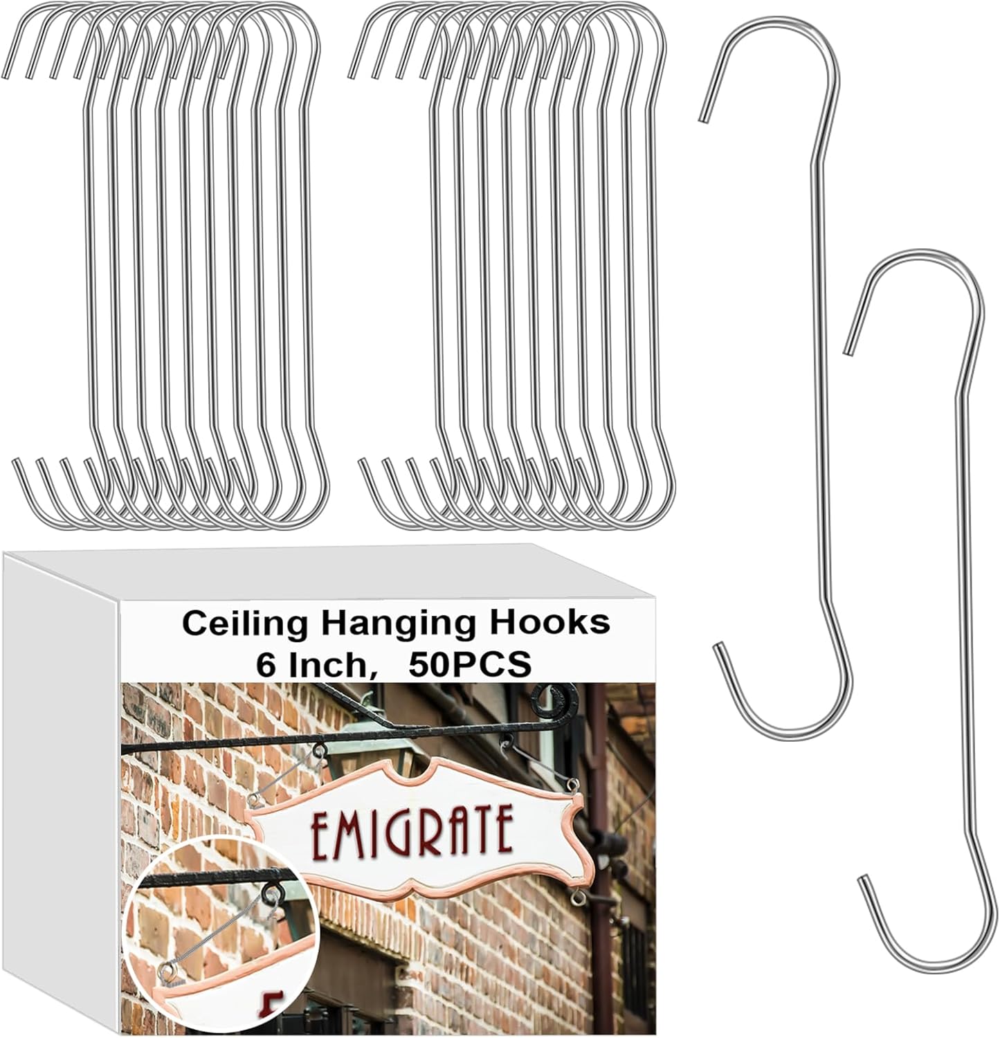 Zonon 50 Pack 6 Inches L Metal Double C Hooks Ceiling Hooks for Banners, Posters, Signs Display Hanger for Ceilings and Windows