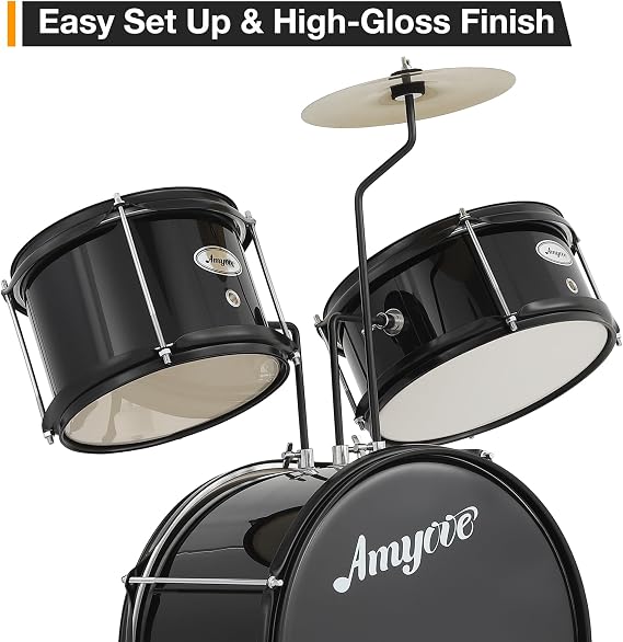 3 Piece Kids Drum Set with Cymbal, 2 Drumsticks, Pedal, 2 Tom,Beginner Junior Drum Kit with Throne Stool, Musical Instruments for Boys and Girls, Black