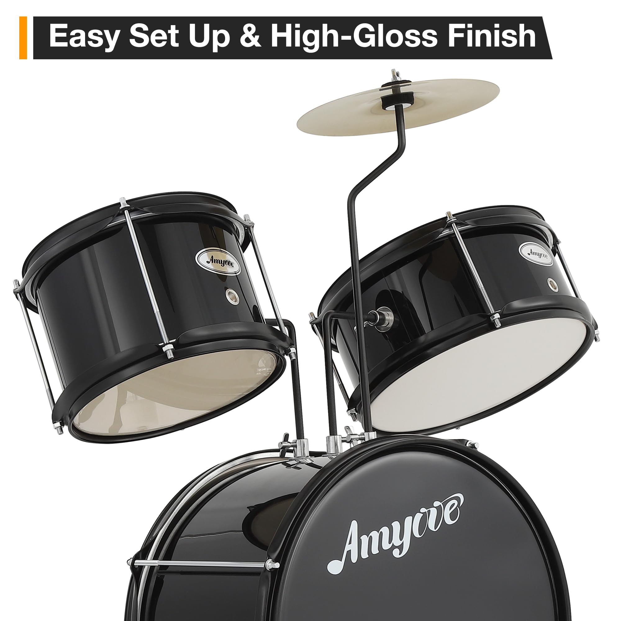 Set Batteria Bambini 3 Pezzi – Kit Principianti con Grancassa, 2 Tom, Piatti, Pedale, Sgabello, Bacchette – Strumento Musicale Educativo per Jazz e Rock – Materiale Legno/Metallo – Nero