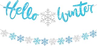 Amylove 2 Pcs Hello Winter Banner 9.8 Feet Winter Decorations Snowflake Garland Banner Glittery White and Blue Party Decorations for Wonderland Baby Shower