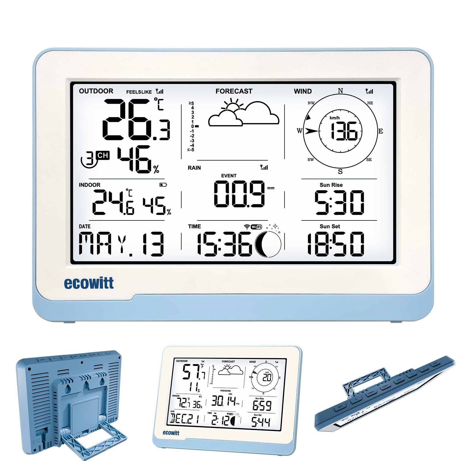 ECOWITT Consola WS3800_C para estación meteorológica, pantalla LCD a color inalámbrica de 7,5 pulgadas, sensores internos 3 en 1 incorporados, par con WS69/WS90, control inteligente de conexión IoT,