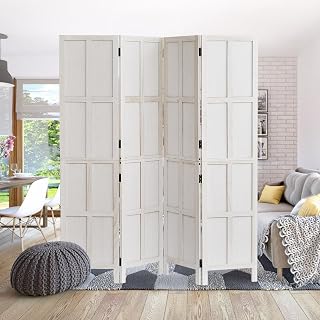 4 Panel Room Divider and Folding Privacy Screen for Room Separation, 5.6Ft Tall Detachable Wood Room Divider, 33.5" 2in1 Removable Short Wall Divider Screen for Bedroom Home Office, White