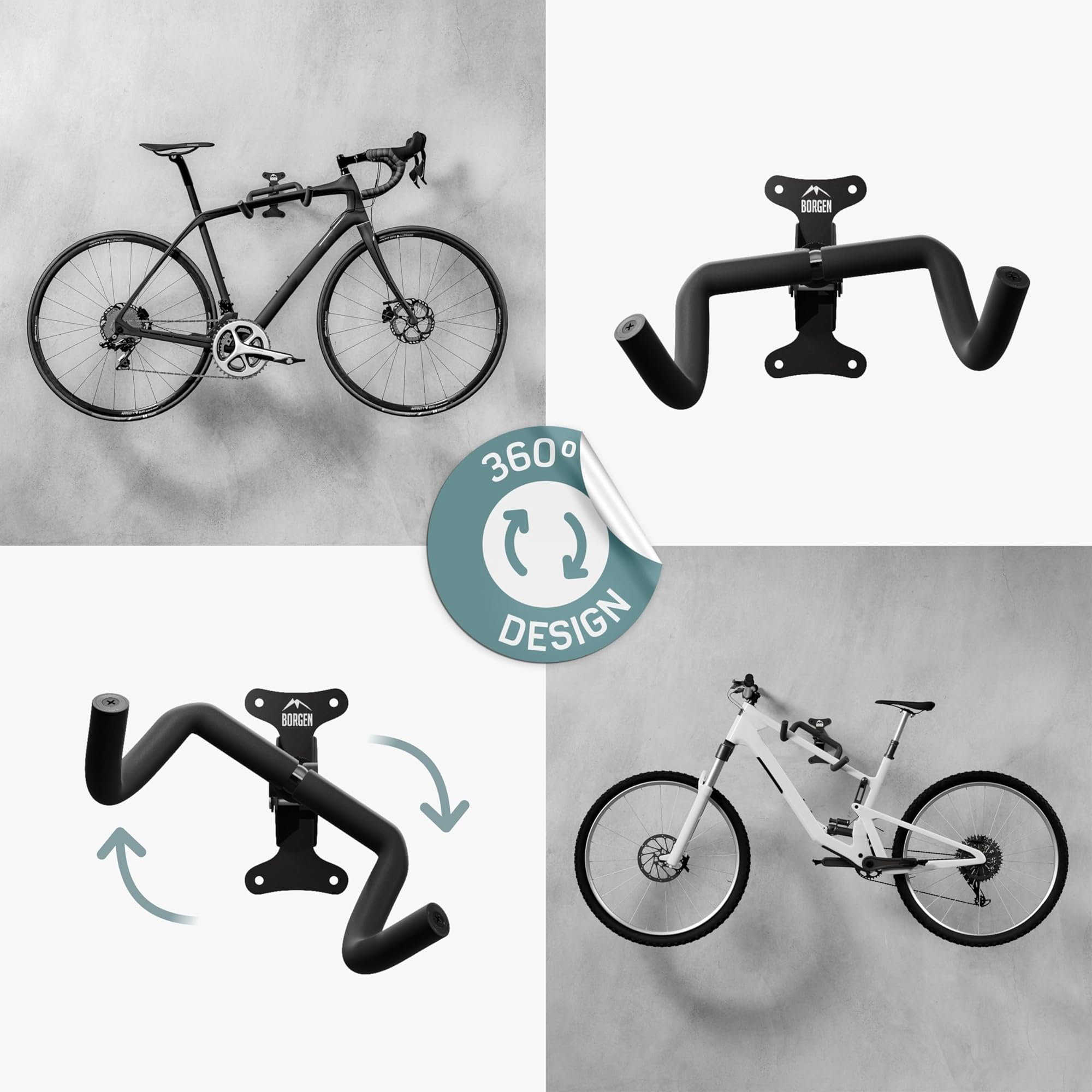 Borgen Support mural pour vélo I Support pour vélo - angle et distance du mur réglables, pliable, VTT, vélo de route - rembourrage extra souple