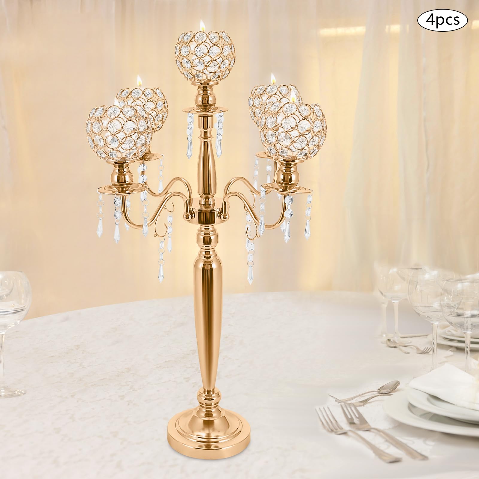 FXEIPOL 5-Arm Crystal Candelabra Centerpieces 4 Pcs Crystal Candle Holders Bowl Candelabra Table Centerpieces Decor Gold Candle Holders for Hotels, Restaurants, Weddings