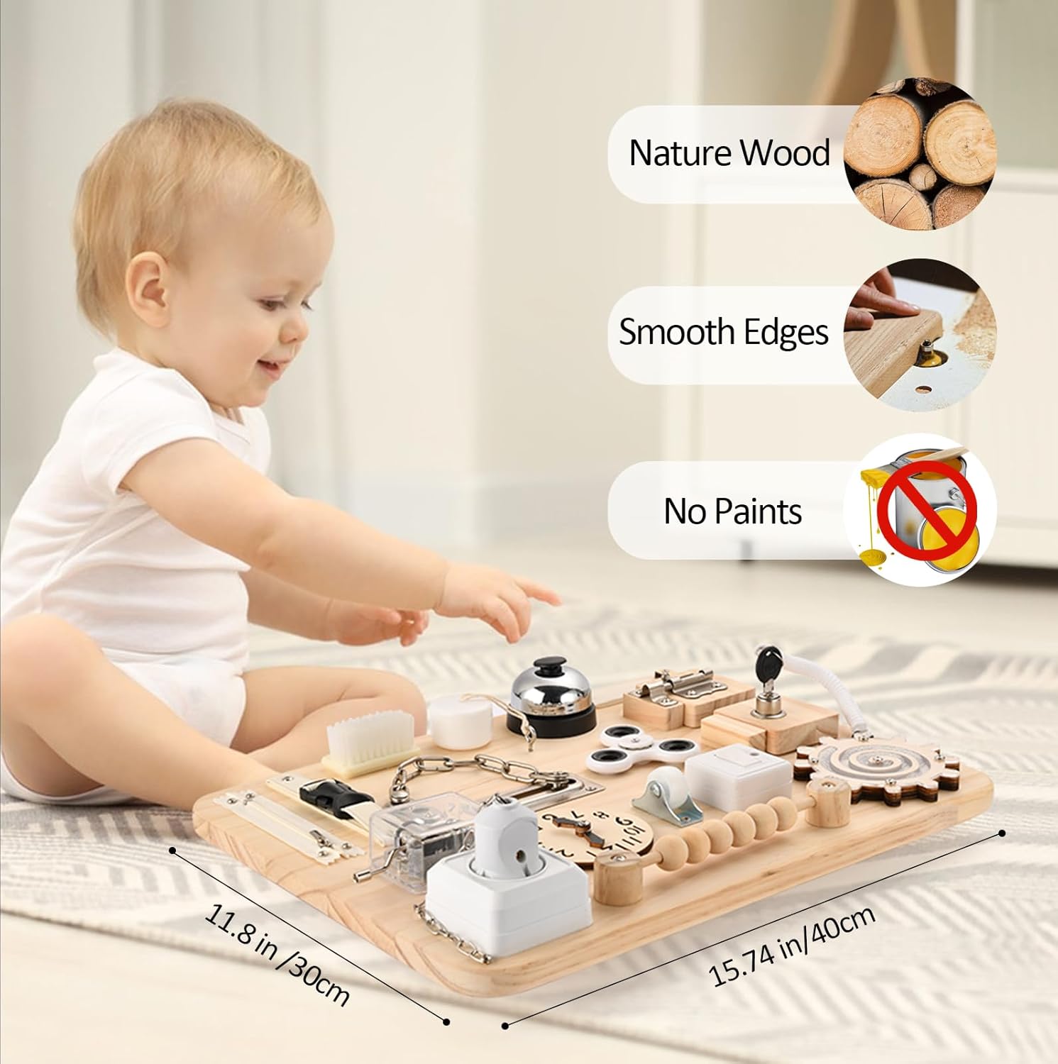 Wooden Busy Board for Toddlers - Montessori Sensory Activity Board for Fine Motor Skills and Early Learning - Travel Toys for Kids - Sensory Toys for autism or ADHD - Ideal for Educational Gifts