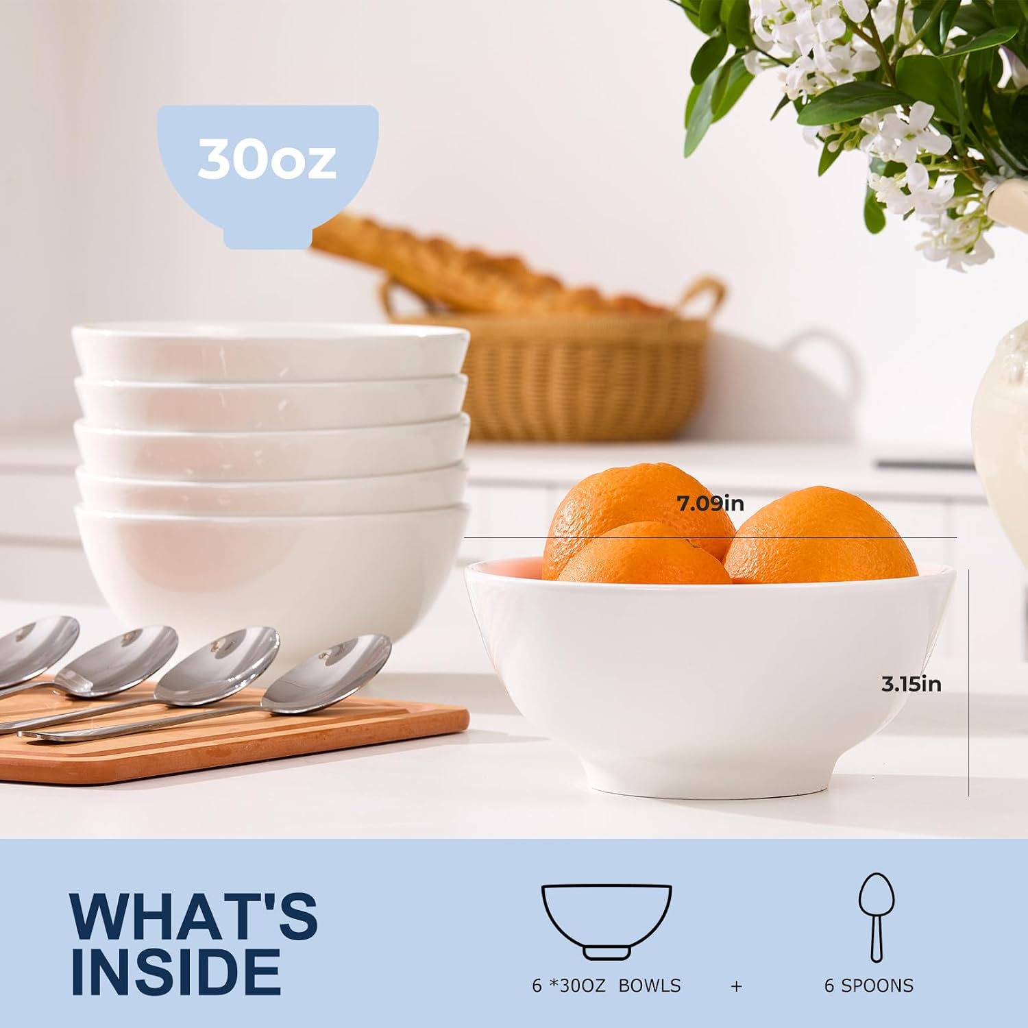 VENVENWEAVS 30 OZ White Thickened Ceramic Bowls Set of 6 Complimentary 6 Spoons, Large Reinforced Ceramic Bowls Perfect for Soup,Salad,Cereal, Ramen And More,Microwave&Dishwasher Safe image 2
