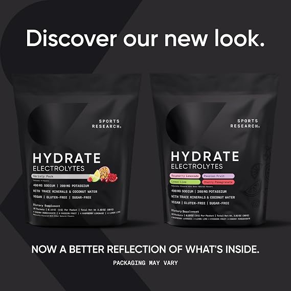 Sports Research Hydrate Electrolytes Powder Packets - Sugar-Free & Naturally Flavored with Vitamins, Minerals, and Coconut Water - Supports Hydration - 16 Packets - Variety Pack | Sugar-Free