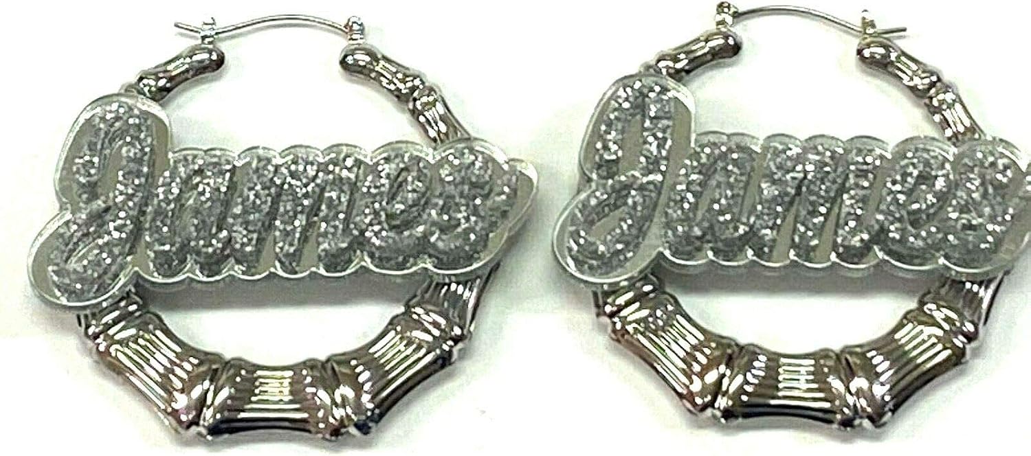 Personalized Custom Silver 2.5 Inch Size Bamboo Earrings Hoop Name Plate Laser Cut Diamond Look Script Cursive Letters Design Stunning Look - Quality, Attractive Gold Bamboo Earrings, Made To Order - Any Name