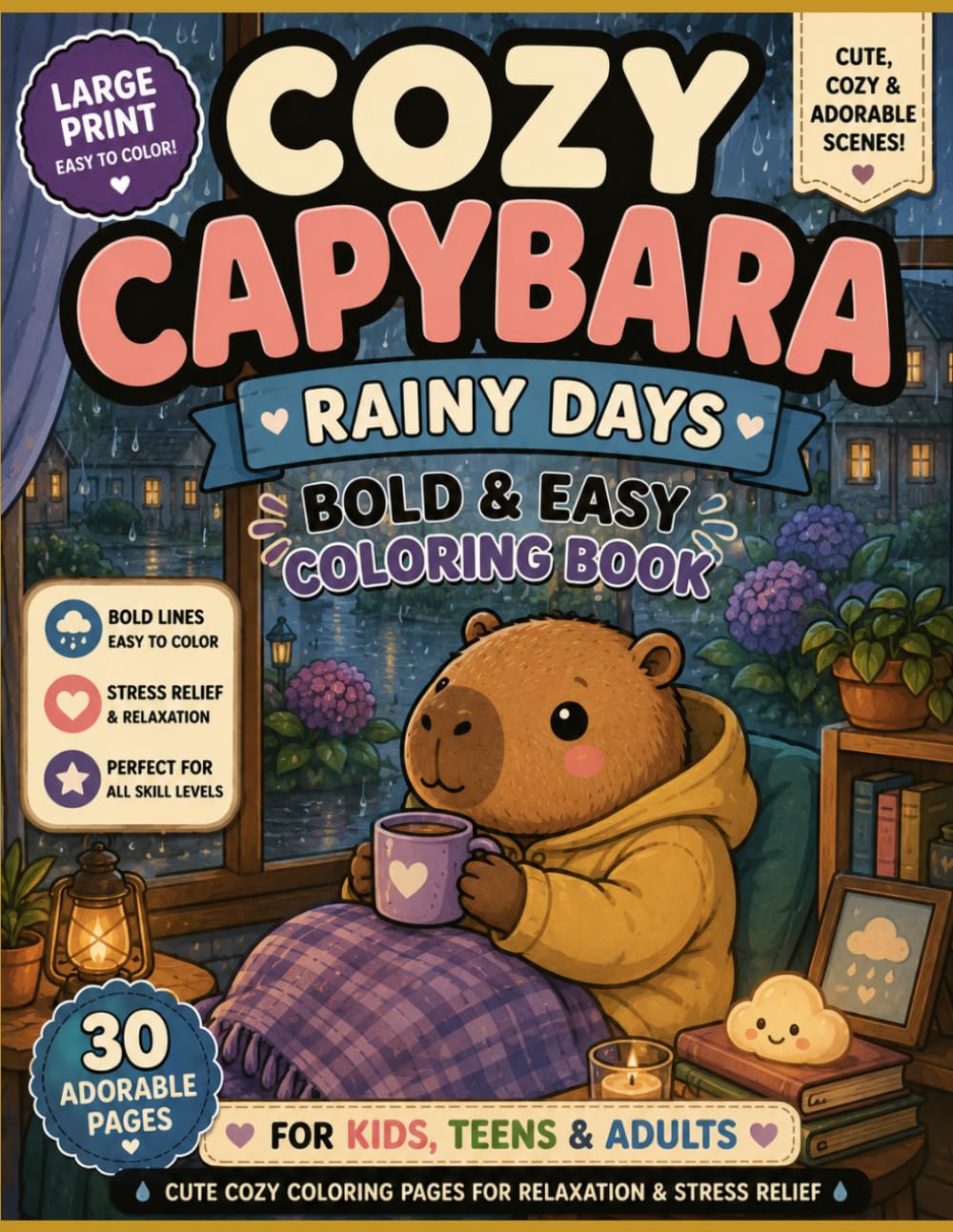 Cozy Capybara Coloring Book: Bold & Easy Coloring Book for Kids, Teens & Adults | Cute Cozy Hygge Scenes for Relaxation, Stress Relief and Mindfulness