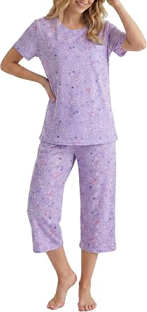 LUBOT 100% Cotton Pajamas for Women PJ Set Soft 2 Piece Ladies Knit Button Short Sleeve Capri Pants Sleepwear XS-XXL