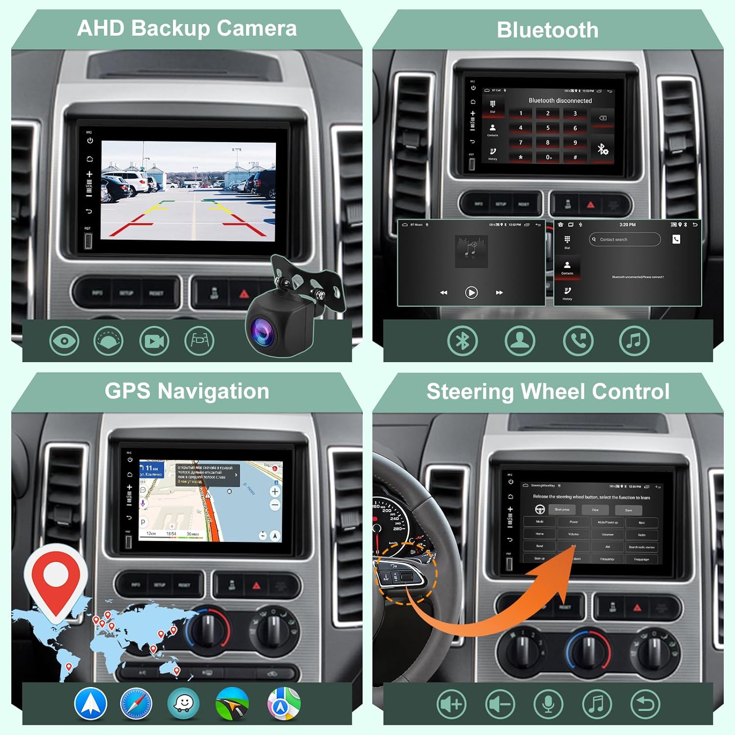 Screenshot of the car radio display showing CarPlay/Android Auto interface with phone, music, maps, and messages icons.