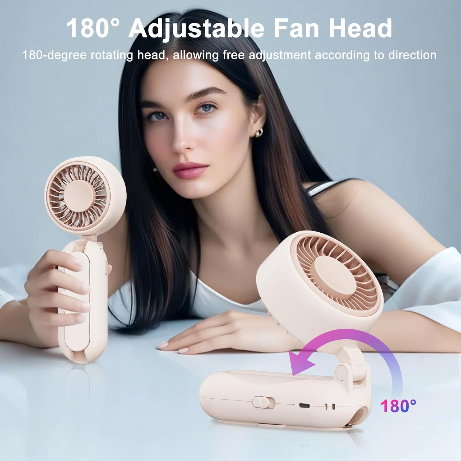 Clip-On Mini Fan for Umbrella - Portable Handheld, 9H Runtime, 4 Speeds, 180° Adjustable, Foldable, Fits 8-12mm Handle, Battery Operated forTravel/Beach/Camping,Personal fan for Women- Pink