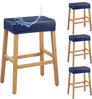 PU Leather Bar Stool Covers Rectangular, 100% Waterproof Stool Covers Rectangle Super Stretch 20% Thicker Leather Saddle Stools Cover Rectangular Counter Bar Stools with Elastic Band (4 PCS, Navy)