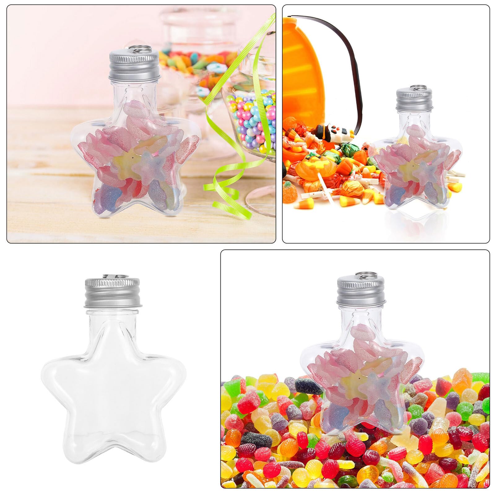 16 barattoli in plastica a forma di stella da 50 ml con coperchio argentato e anello per appenderlo, riutilizzabili, per caramelle natalizie, bomboniere e decorazioni per alberi
