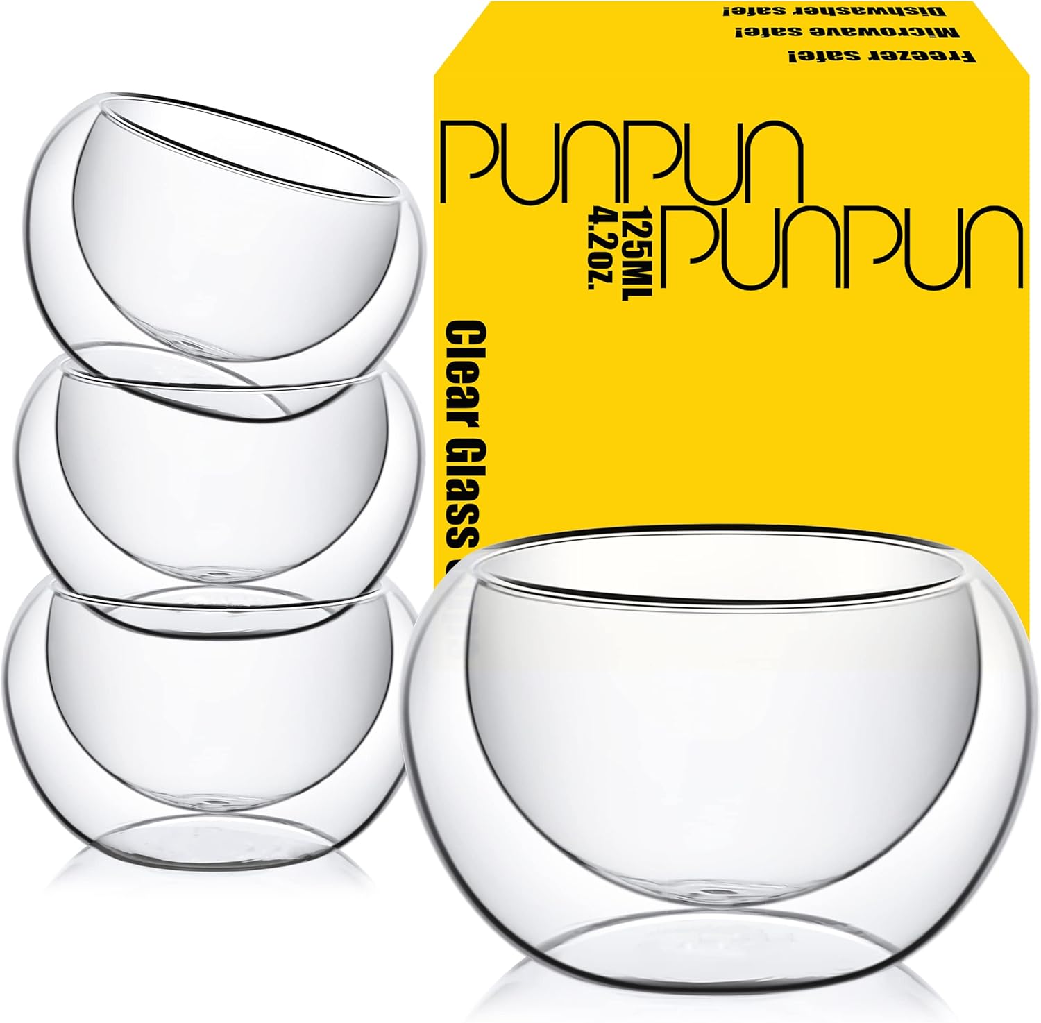 PunPun 4.2oz. 125ml Tea Cups Set of 4, Double Walled Glass Cups for Tea or Coffee, Borosilicate