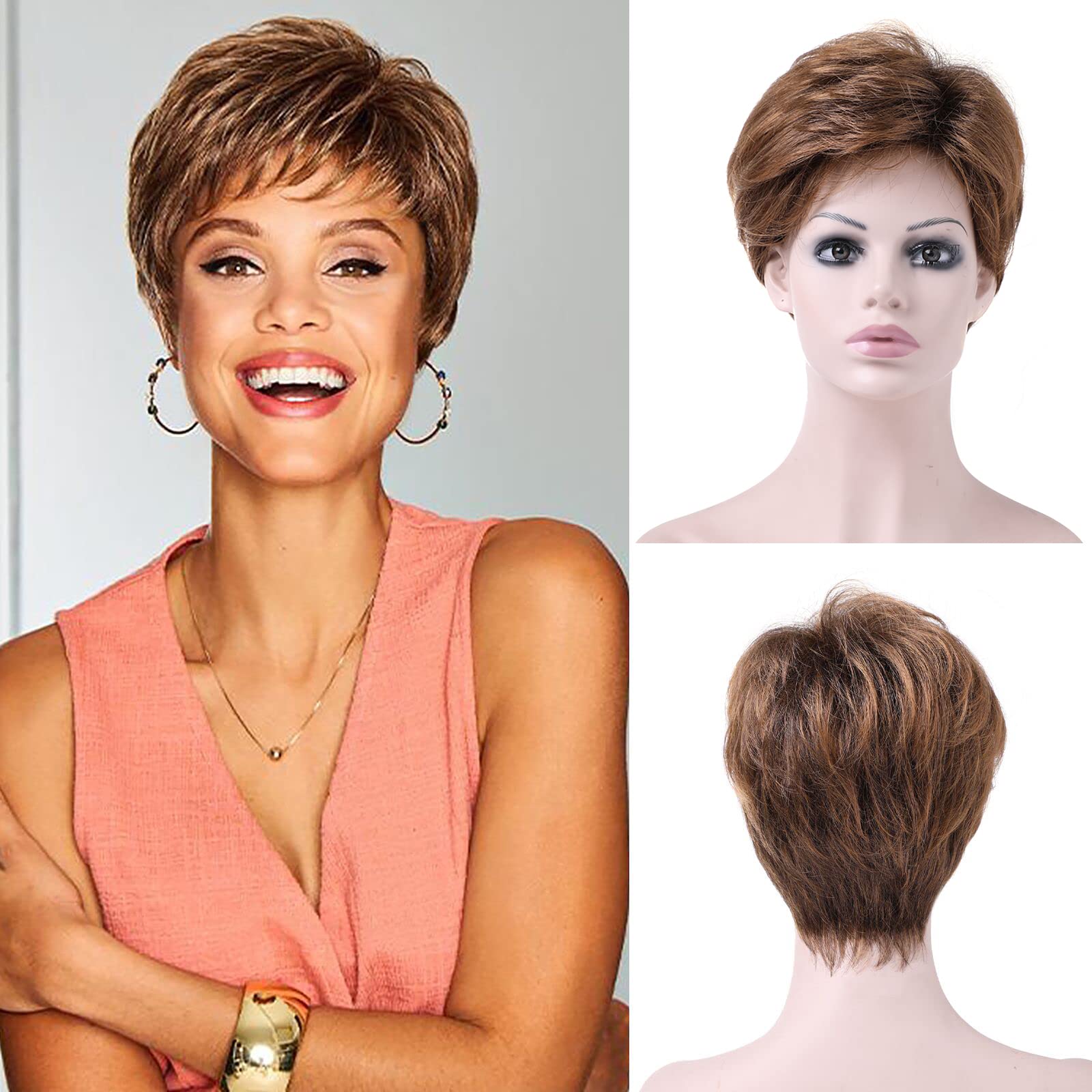 Pixie Cut Wig With Bangs Short Brown Wigs for Women Synthetic Natural Looking Wigs Brown Heat Resistant Hair for Daily Party Use