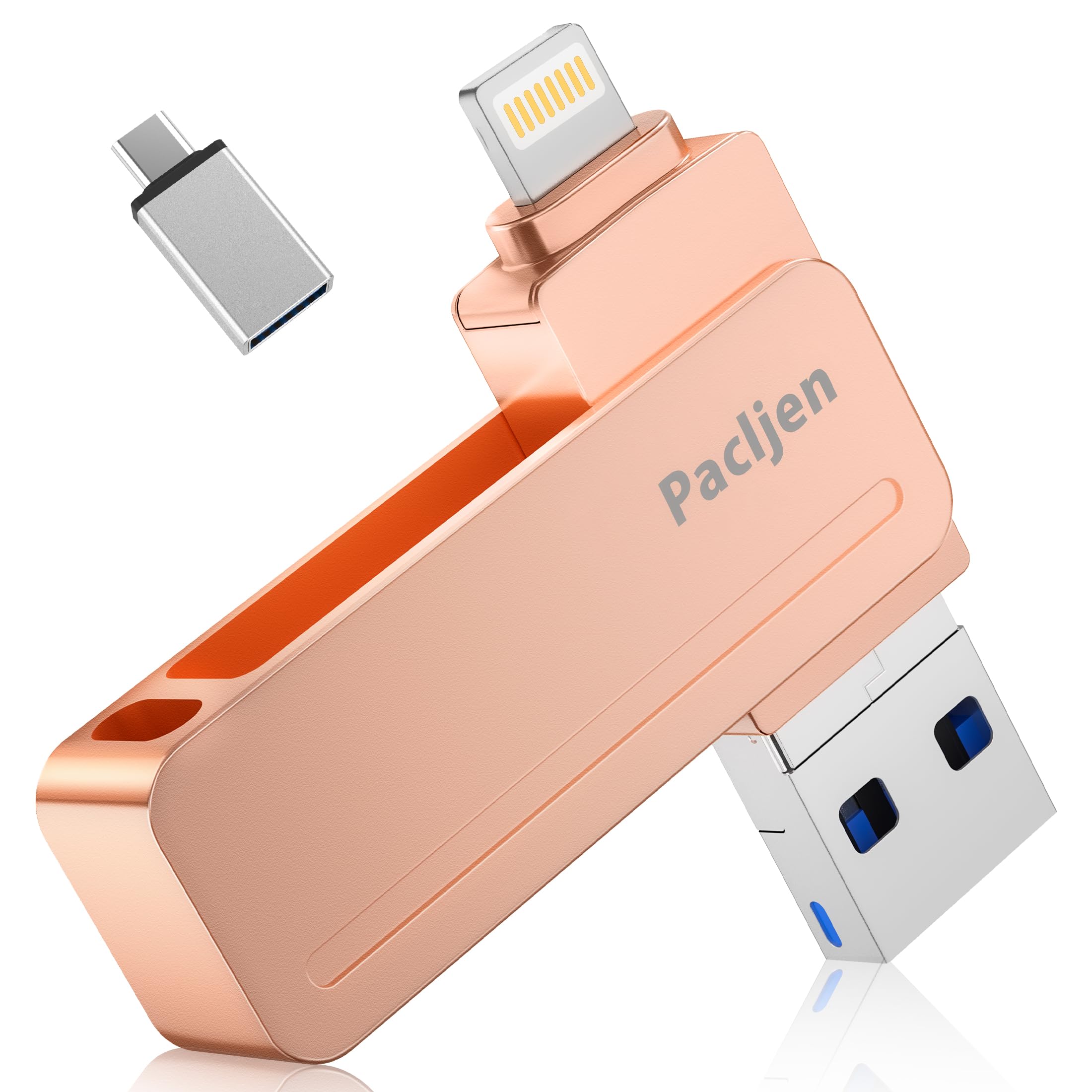 Clé USB pour iPhone 256Go,[MFi Certified] Pacljen 3 en 1 Cle USB 3.0 pour Lightning et USB C Mémoire Externe pour Sauvegarde Rapide Clef USB Compatible avec iPhone/iPad/Android/Mac/PC (256GO,Rose)