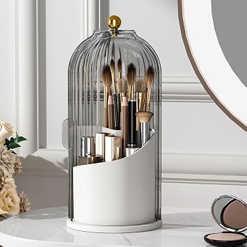 Makeup Brush Holder Rotating Organiser with Clear Lid Sliding Opening Dustproof Makeup Brush Case Make up Organizer Storage for Dressing Table Organiser,Vanity,White Black