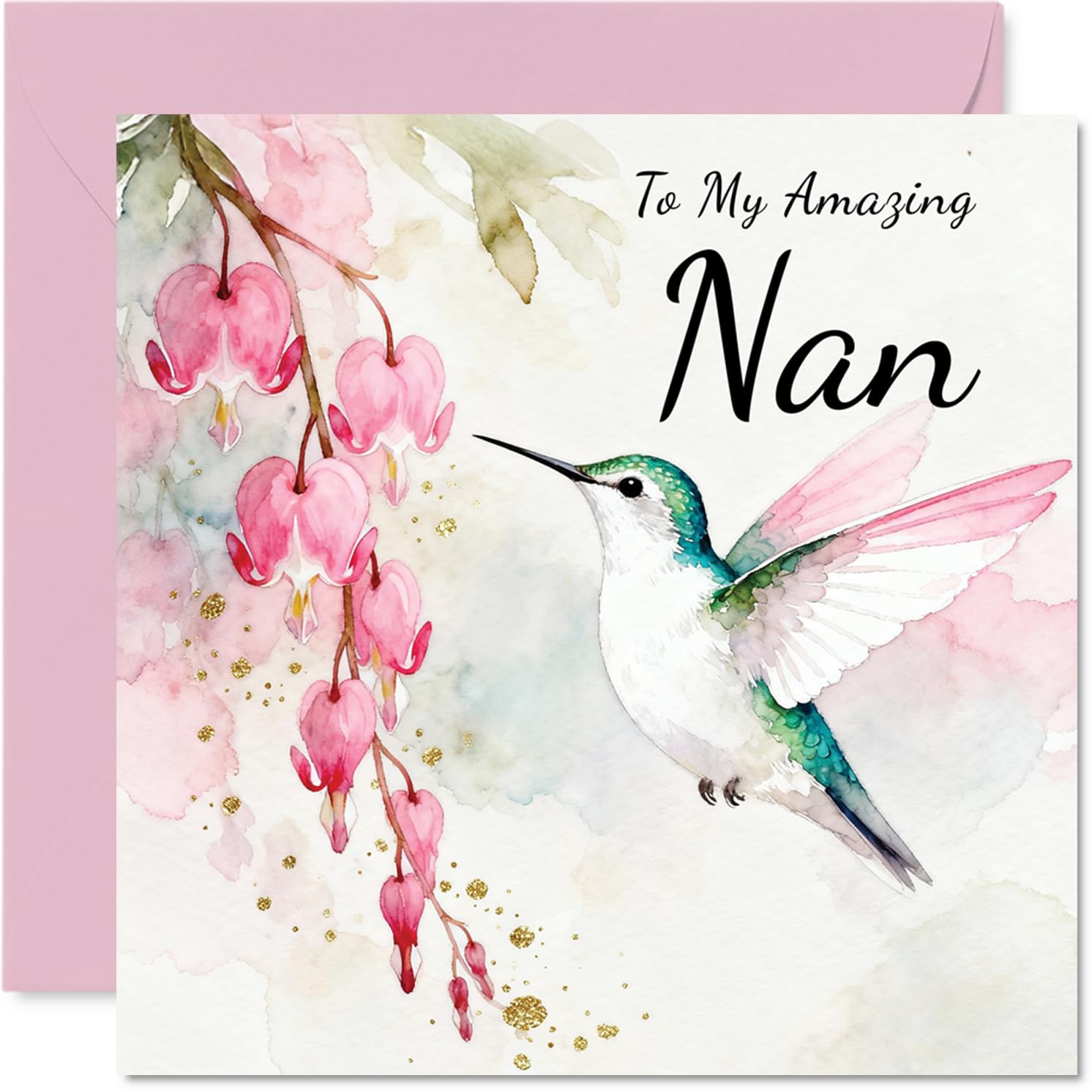 Nan Birthday Card - Hummingbird Wishes - Happy Birthday Card for Nan from Grandson Granddaughter, 145mm Pink Floral Illustration Bday Greeting Cards