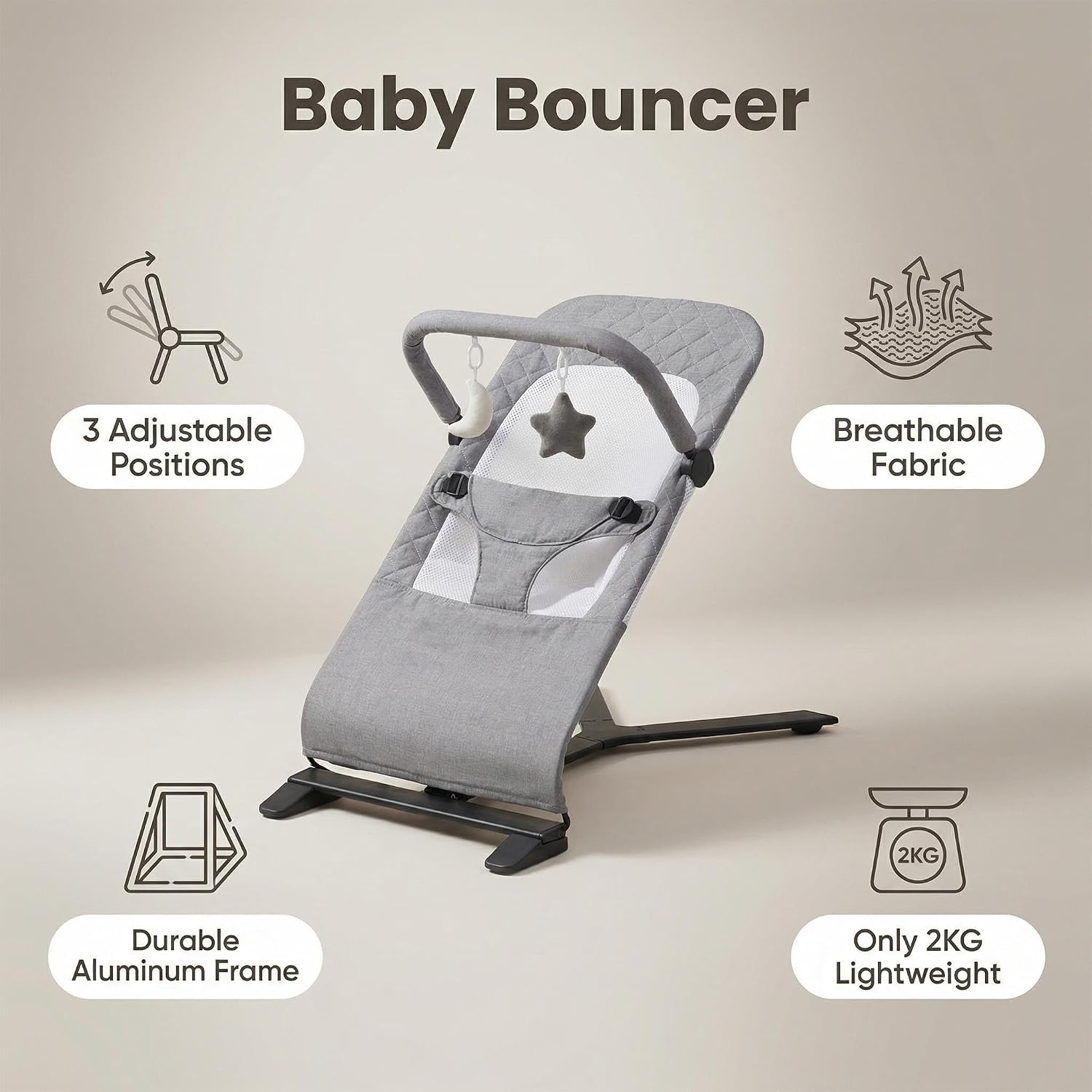 Alpine Deluxe Baby Rocker, 3-in-1 Convertible Baby Bouncer Seat, Organic Cotton Portable Infant Rocking Chair with Safety Harness, Removable Cushion for Newborn to Toddler, 0-6 Months, Charcoal Tweed